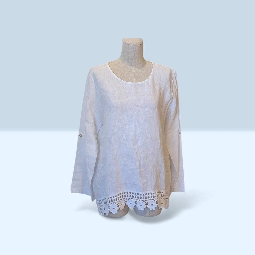 Made In Italy White Linen Blouse Crochet Trim Hi Lo Hem Cottagecore Peasant - Picture 2 of 9